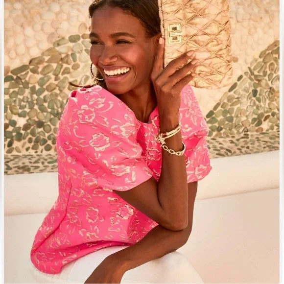 Lilly Pulitzer Pink Gold Puff Floral Brocade Embellished Blouse - Picture 5 of 7